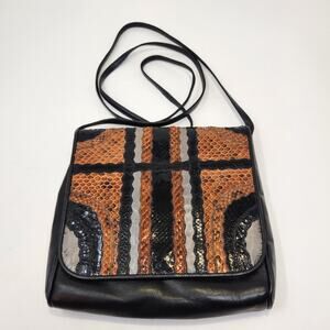 Carlos Falchi Vintage Snakeskin Patchwork Black Leather Crossbody Bag 80s